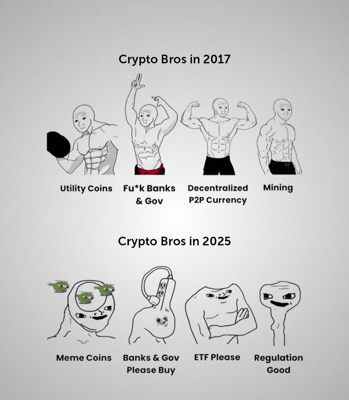Crypto Bros 2017 vs 2025 Meme